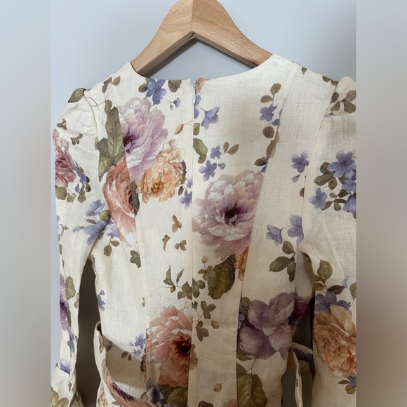 NWT Zimmermann Luminosity Belted Linen Midi Dress Beige Floral | ZIM 0 / US XS - Picture 8 of 13